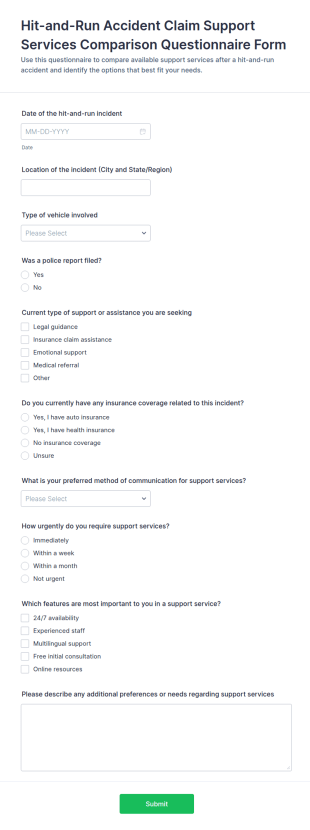 Hit And Run Accident Claim Support Services Comparison Questionnaire Form Template