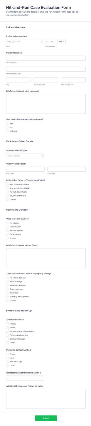Hit And Run Case Evaluation Intake Form Template
