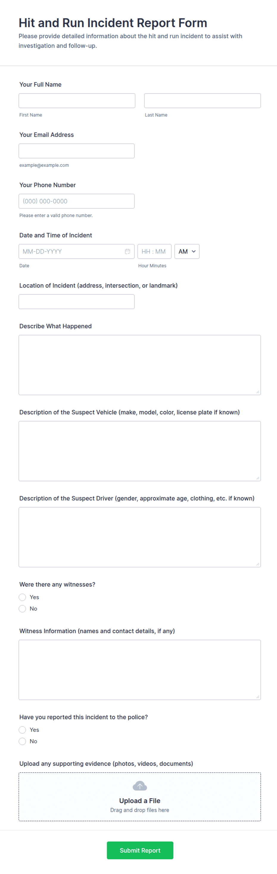 Run Report Example Hit and Run Incident Report Form Template | Jotform