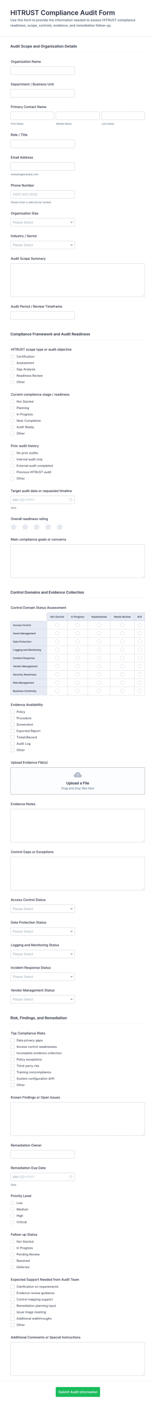 HITRUST Compliance Audit Form Template