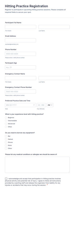 Hitting Practice Registration Form Template