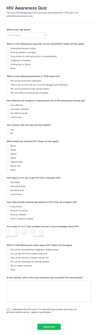 HIV Awareness Quiz Form Template