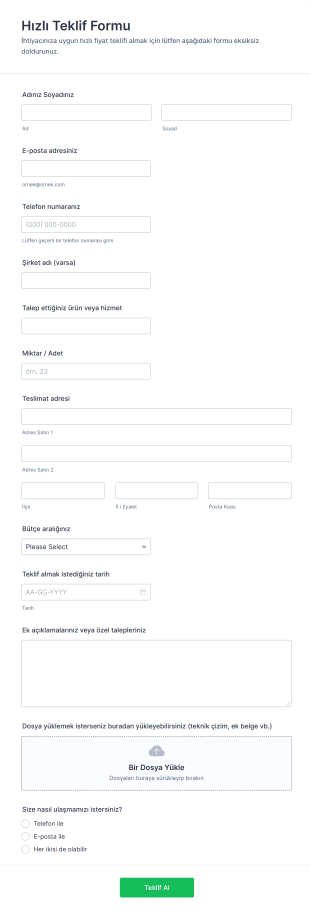 Hızlı Teklif Form Şablonu