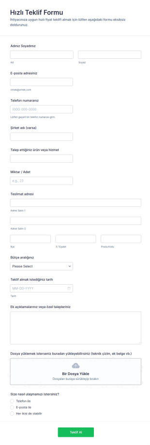 Hızlı Teklif Form Şablonu