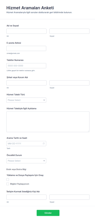 Hizmet Aramaları Anketi Form Şablonu