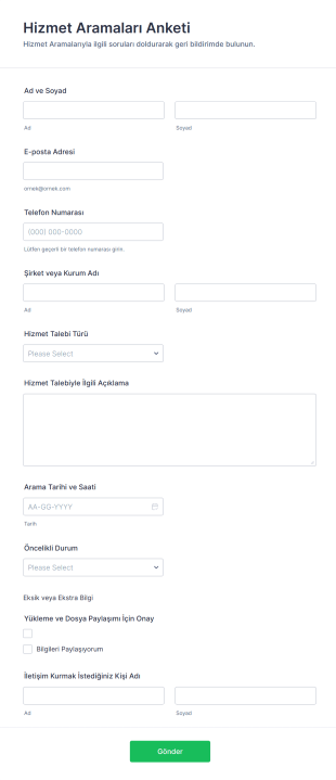Hizmet Aramaları Anketi Form Şablonu