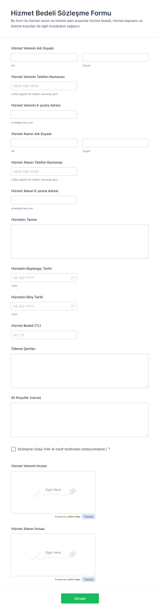Hizmet Bedeli Sözleşme Form Şablonu