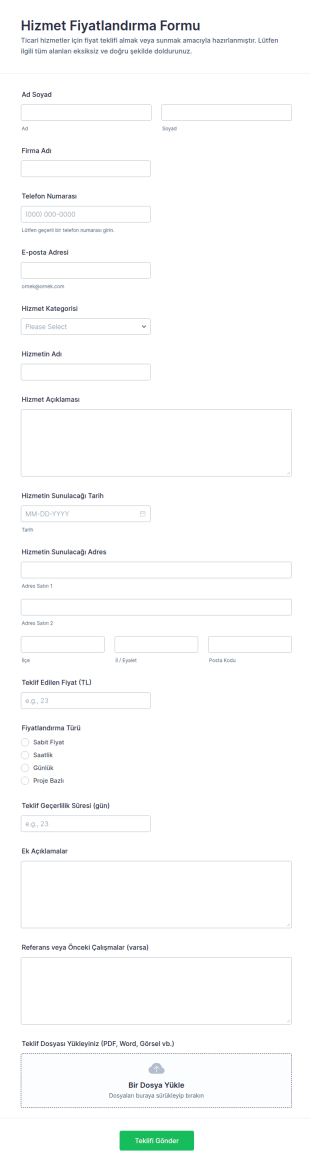 Hizmet Fiyatlandırma Form Şablonu