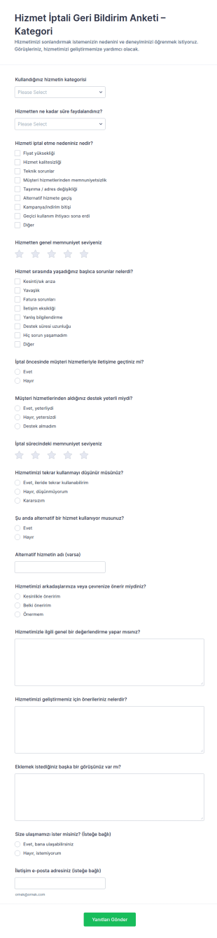 Hizmet İptali Anketi Form Şablonu
