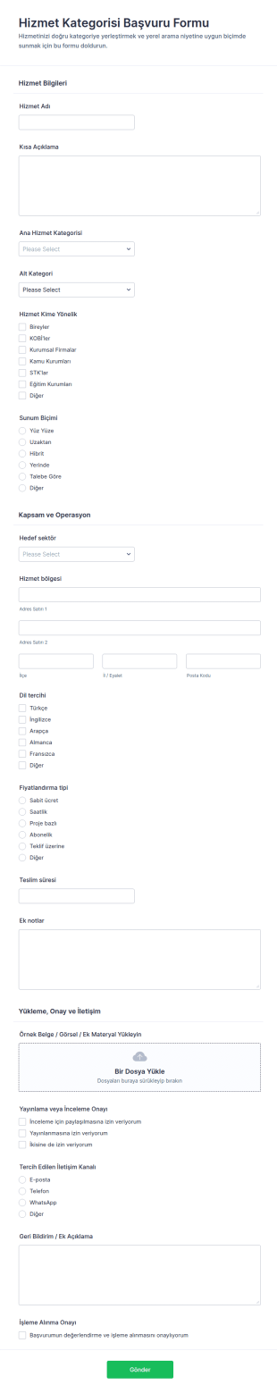 Hizmet Kategorisi Başvuru Form Şablonu