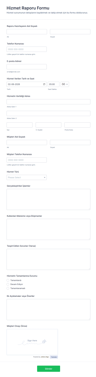Hizmet Raporu Form Şablonu