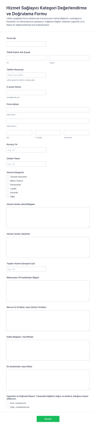 Hizmet Sağlayıcı Doğrulama Form Şablonu