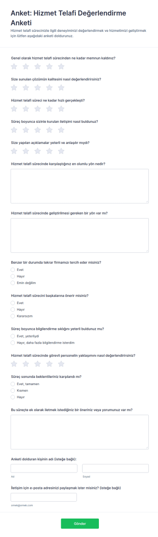 Hizmet Telafisi Değerlendirme Anketi Form Şablonu