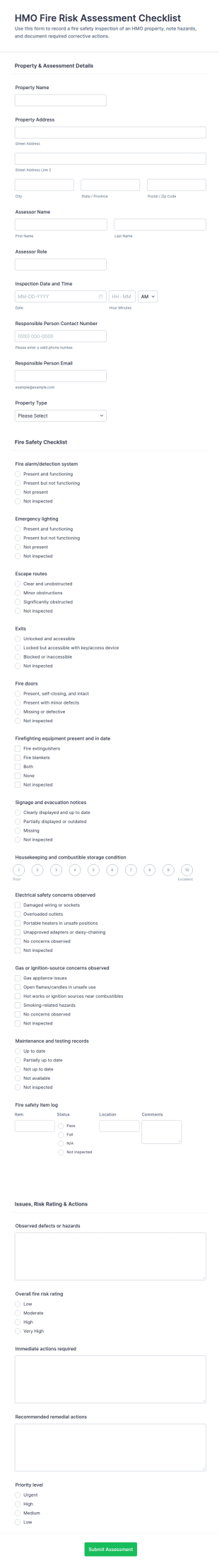 HMO Fire Risk Assessment Checklist Form Template