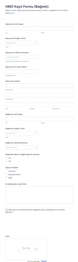 HMO Kayıt Formu (Bağımlı) Form Şablonu