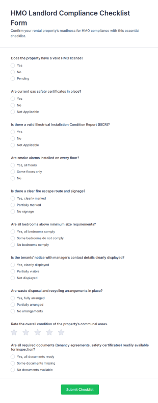 HMO Landlord Compliance Checklist Form Template