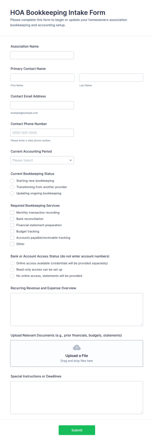 HOA Bookkeeping Intake Form Template
