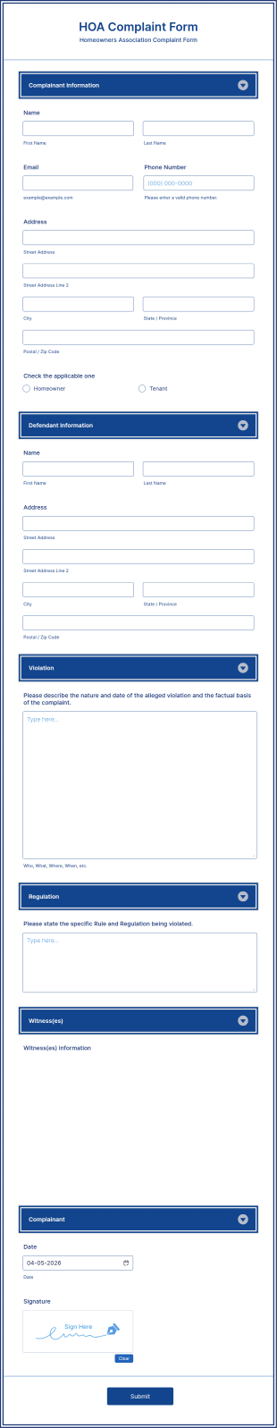 Homeowner Complaint Form Template