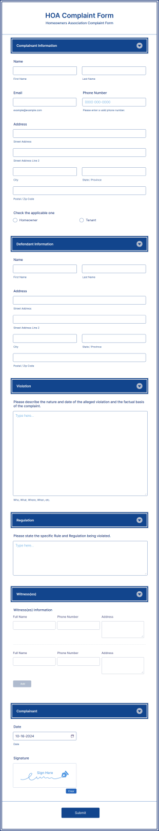 Homeowner Complaint Form Template