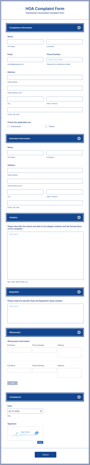 Homeowner Complaint Form Template