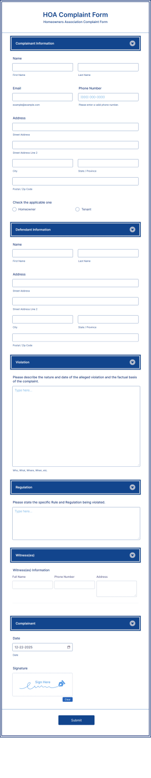 Homeowner Complaint Form Template