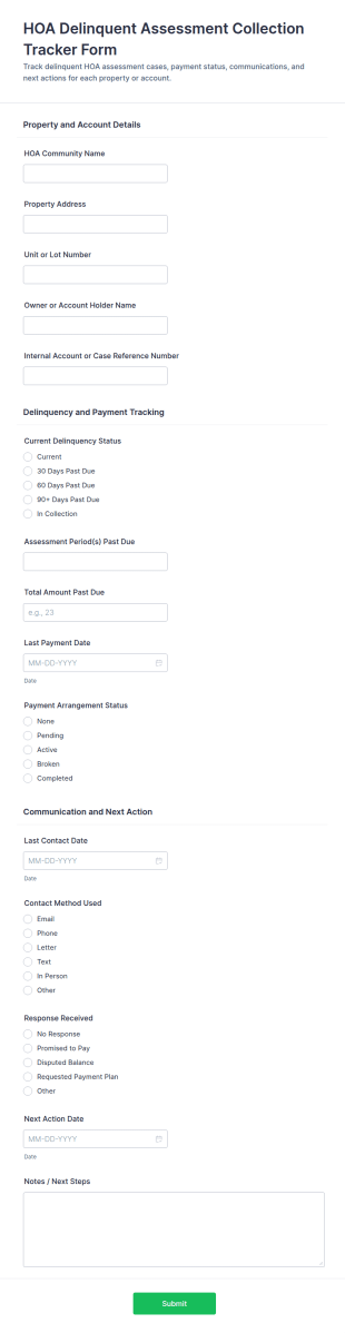HOA Delinquent Assessment Collection Tracker Form Template