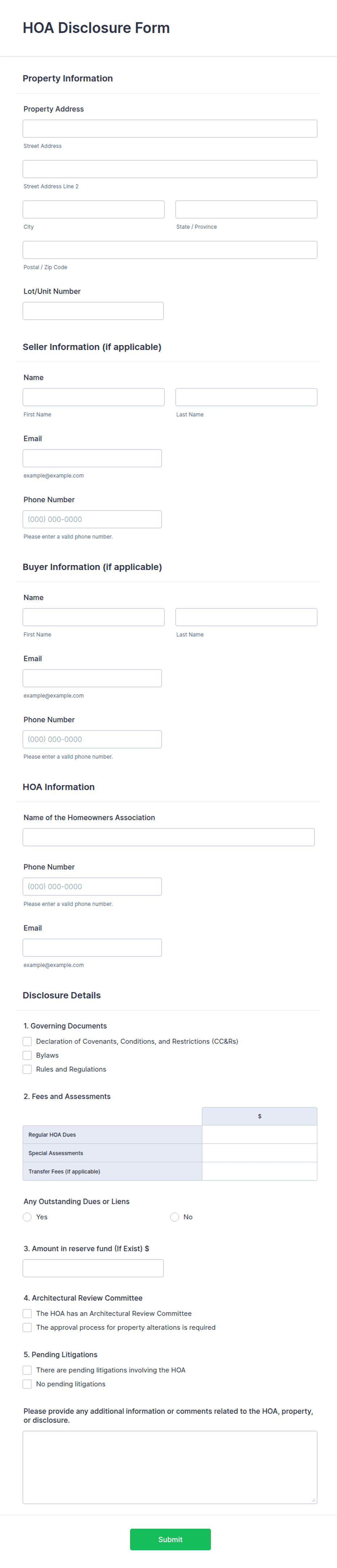 Hoa Rider Form HOA Disclosure Form Template | Jotform