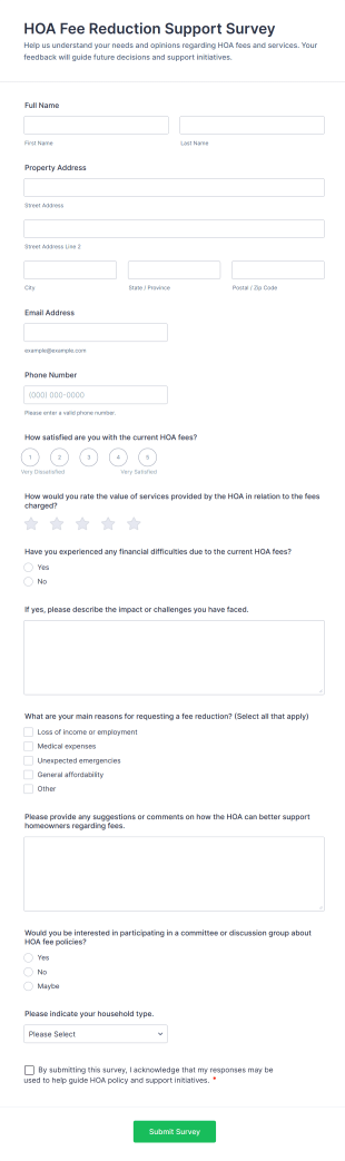 HOA Fee Reduction Support Survey Form Template
