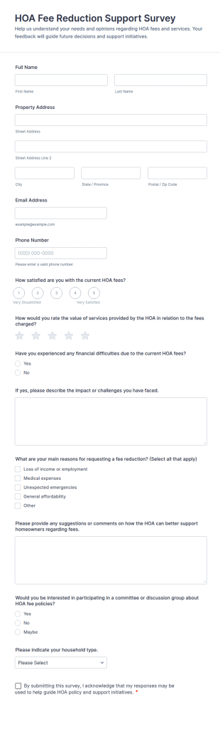 HOA Fee Reduction Support Survey Form Template
