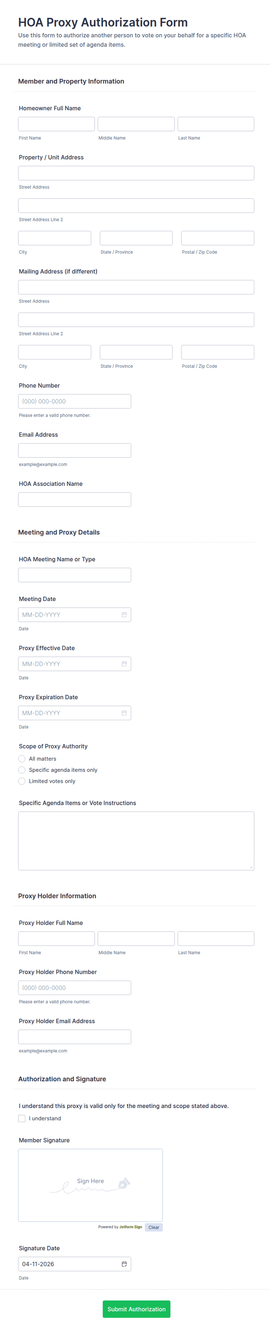 Hoa Rider Form HOA Proxy Authorization Form Template | Jotform