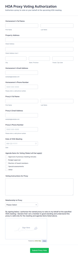 HOA Proxy Voting Authorization Form Template