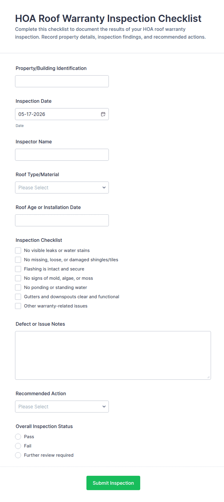 HOA Roof Warranty Inspection Checklist Form Template | Jotform