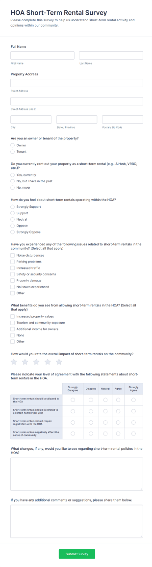 HOA Short Term Rental Survey Form Template