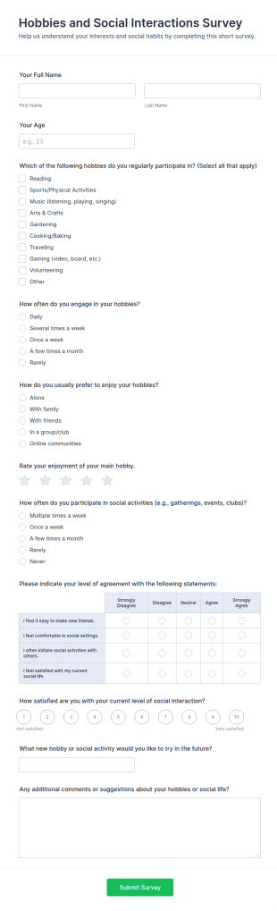 Hobbies And Social Interactions Survey Form Template