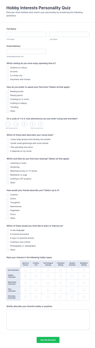 Hobby Interests Personality Quiz Form Template