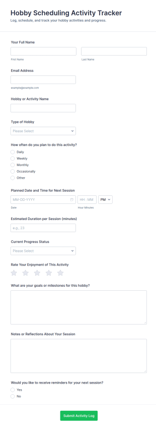Hobby Scheduling Activity Tracker Form Template