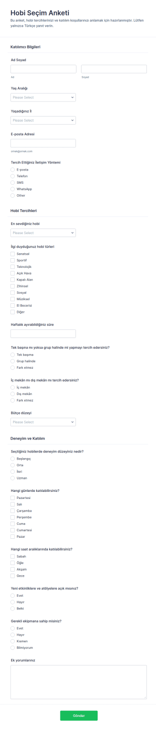 Hobi Seçim Anketi Form Şablonu