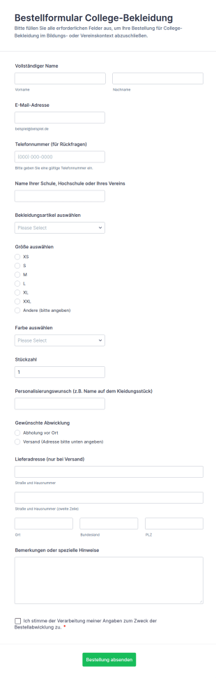 Hochschulbekleidungsbestellformular