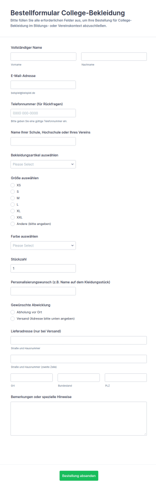 Hochschulbekleidungsbestellformular