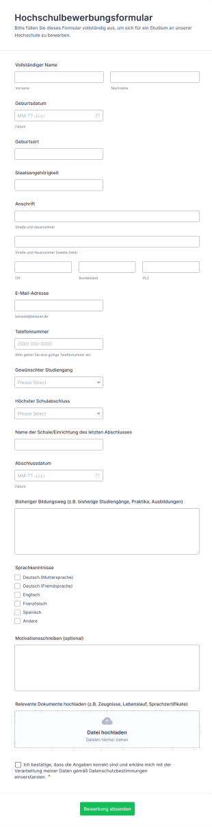 Hochschulbewerbungsformular