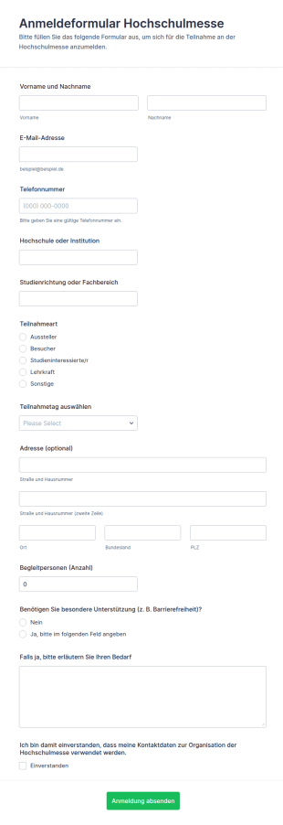 Hochschulmesse Anmeldeformular