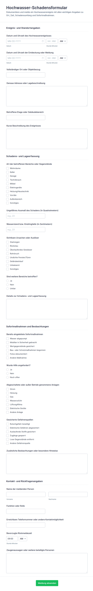 Hochwasser Vorfallmeldung Formular