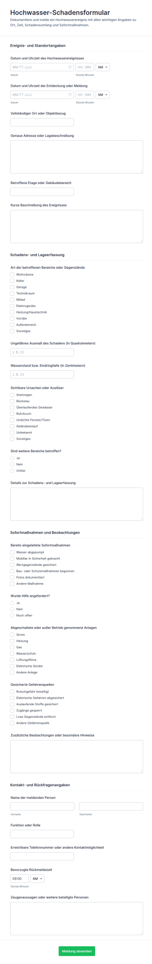 Hochwasser Vorfallmeldung Formular