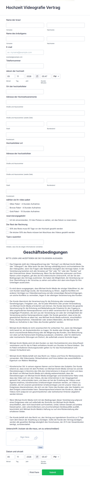 Hochzeit Videografie Vertrag