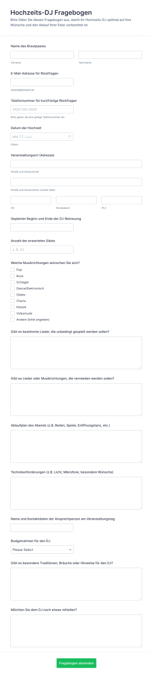 Hochzeits DJ Fragebogen