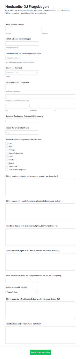 Hochzeits DJ Fragebogen