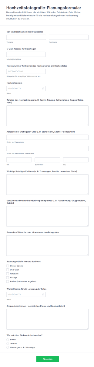 Hochzeitsfotografie Planungsformular