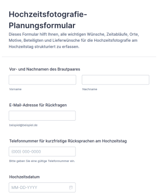 Hochzeitsfotografie Planungsformular