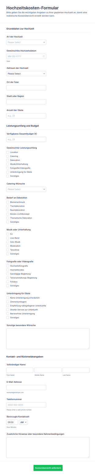 Hochzeitskosten Schätzung Formular