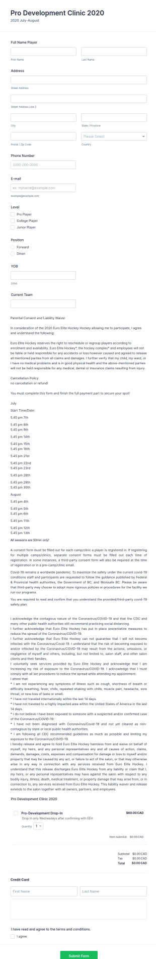 Hockey Camp Registration Form Template